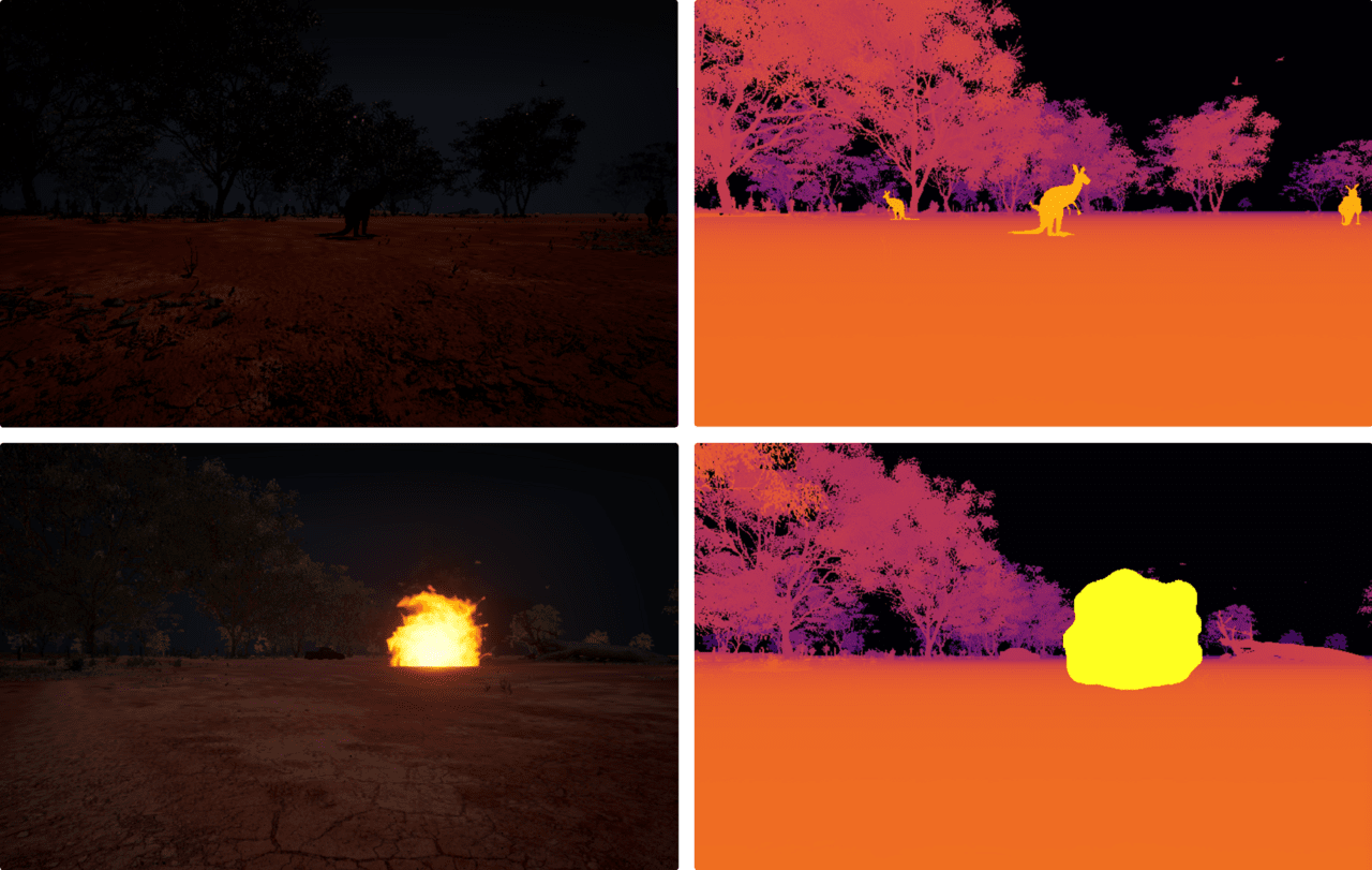 LWIR thermal rendering — kangaroos read hot near a fire